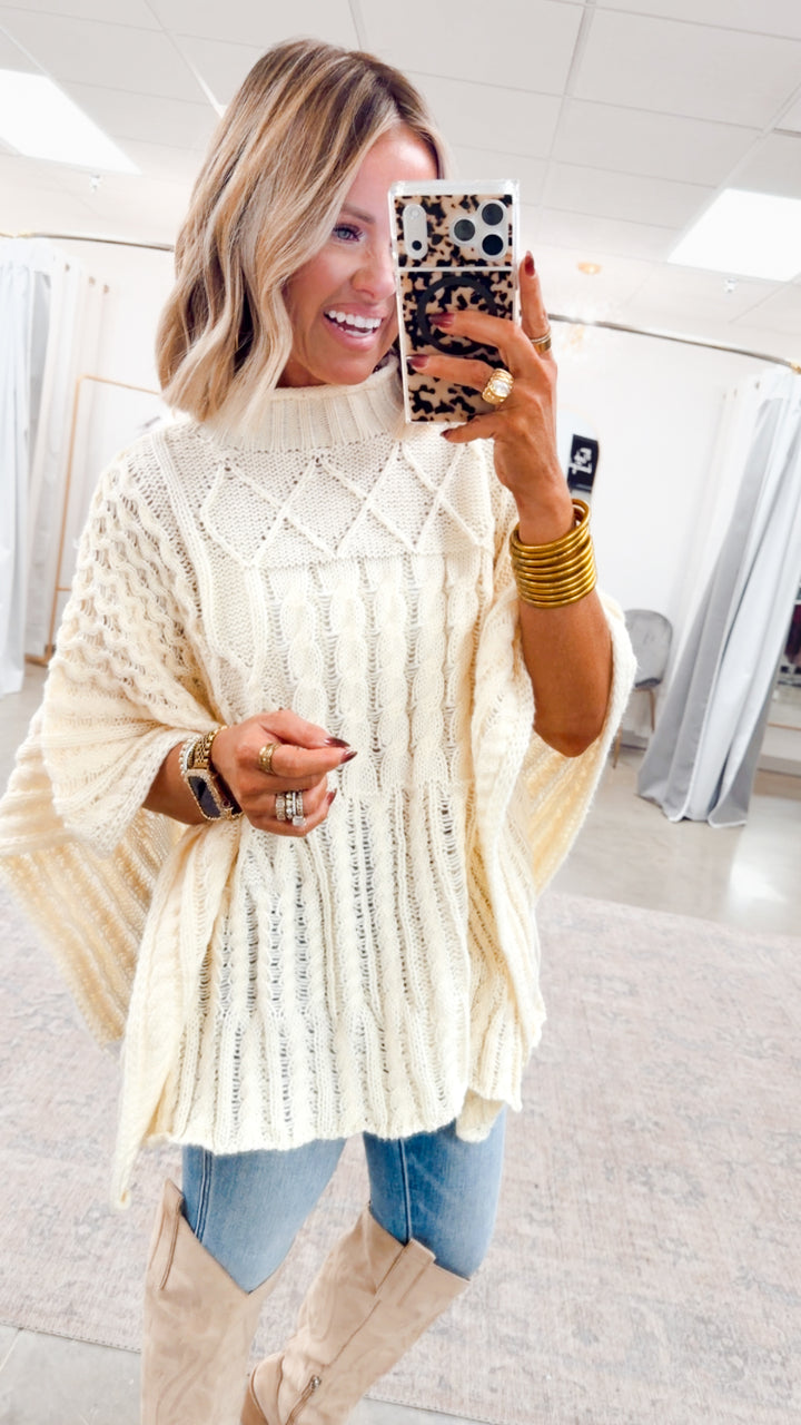 Everlyn Mock Neck Poncho Sweater-Cream