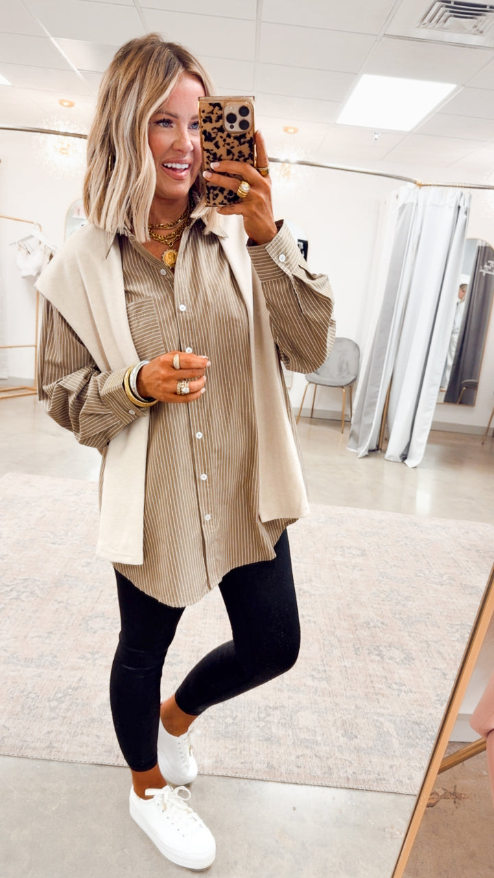 Evelyn Striped Top-Ash Olive