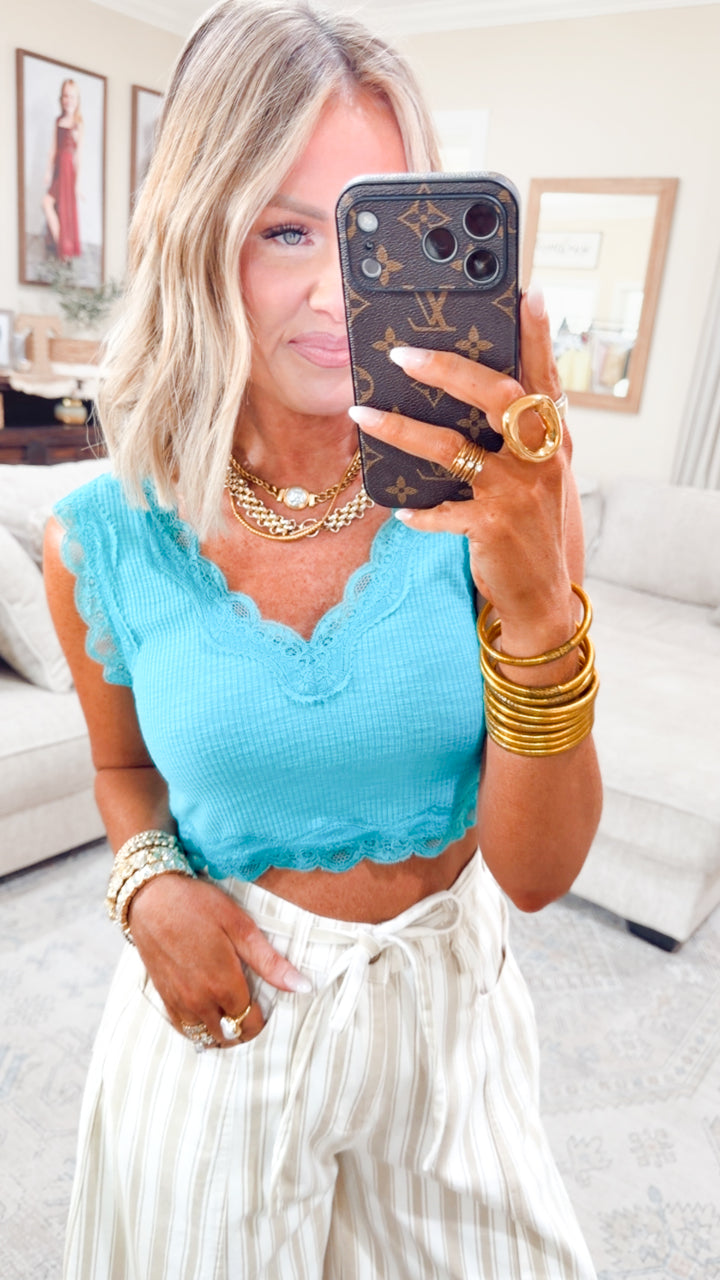 Noa Lace Crop Tank-Aqua Blue