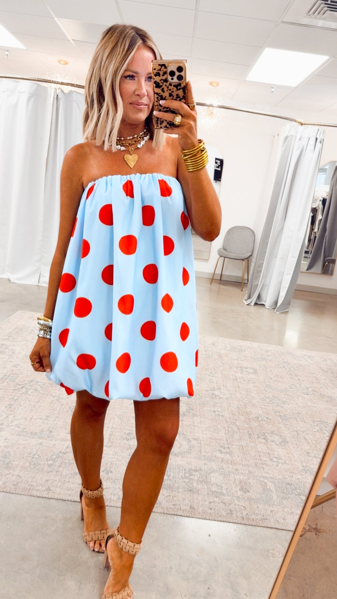 blue and white polka dot dress with red shoes Polka Dot Dress