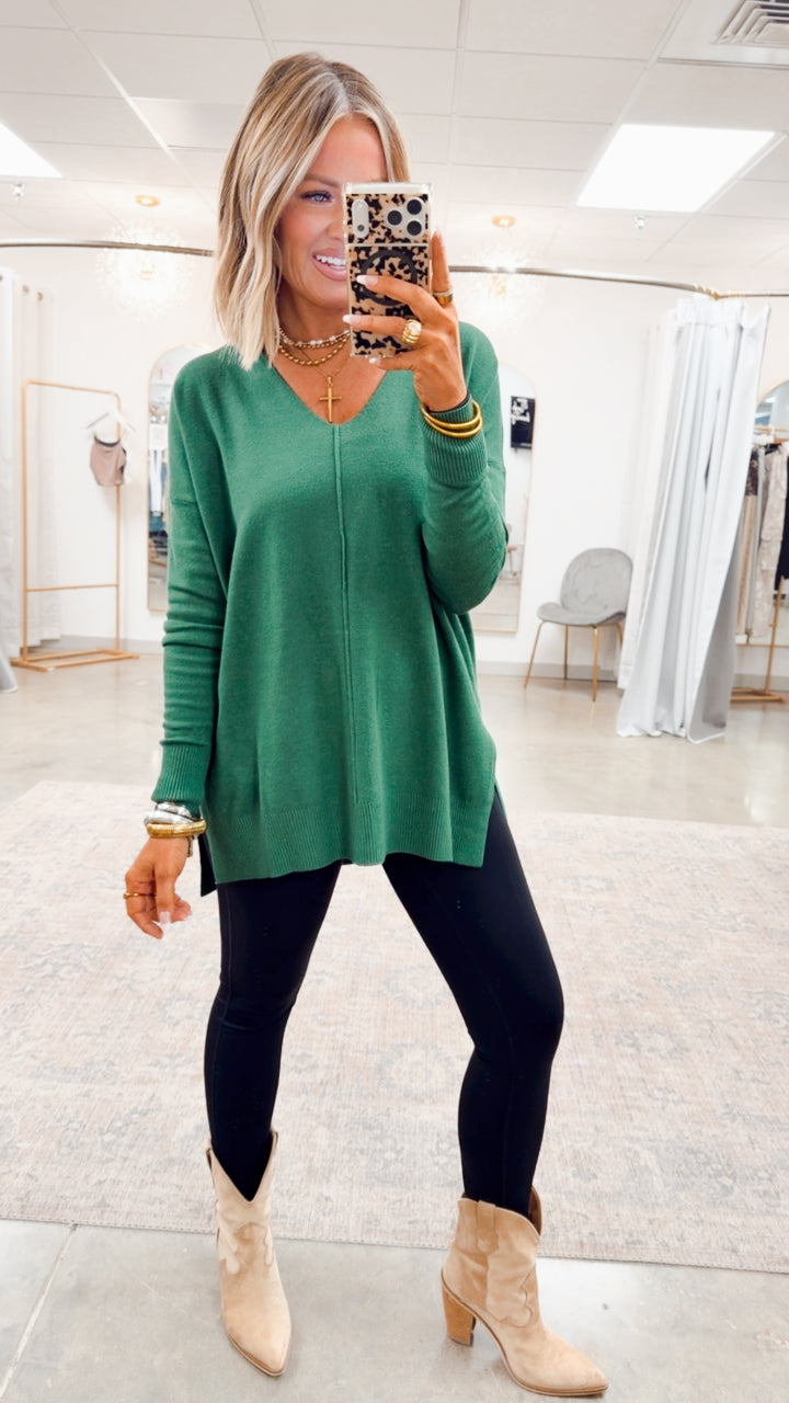 The Laramie Hi-Low Sweater- Dk Green