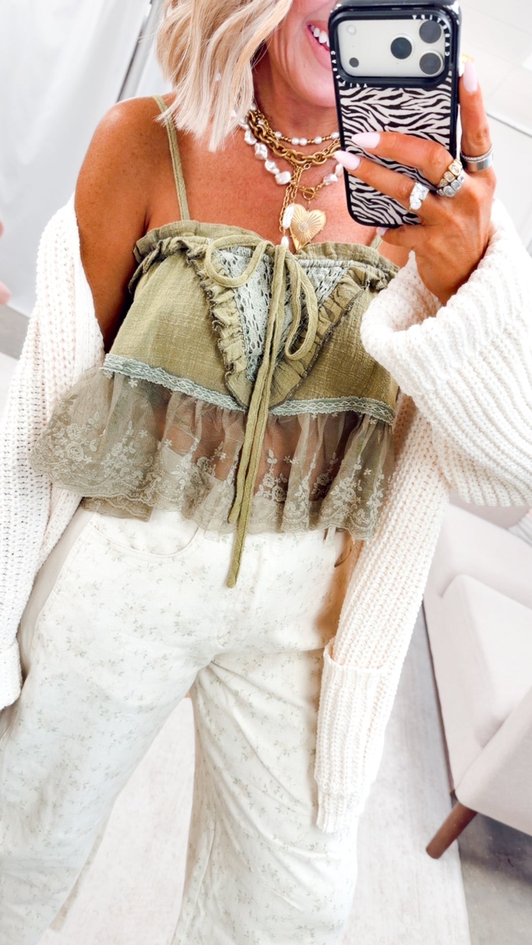 Lace Meadow Tank Top-Moss Green