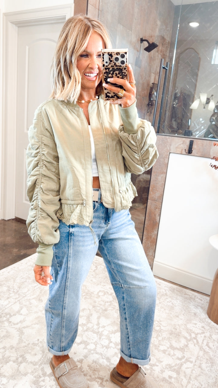 Ruched Sleeve Bomber Jacket-Light Olive