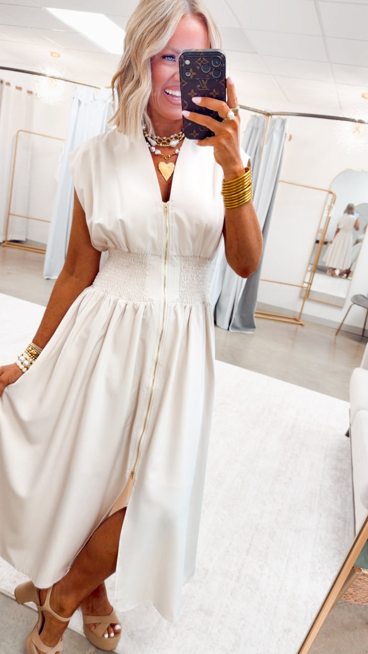 The Aveline Smocked Midi Dress-Champagne