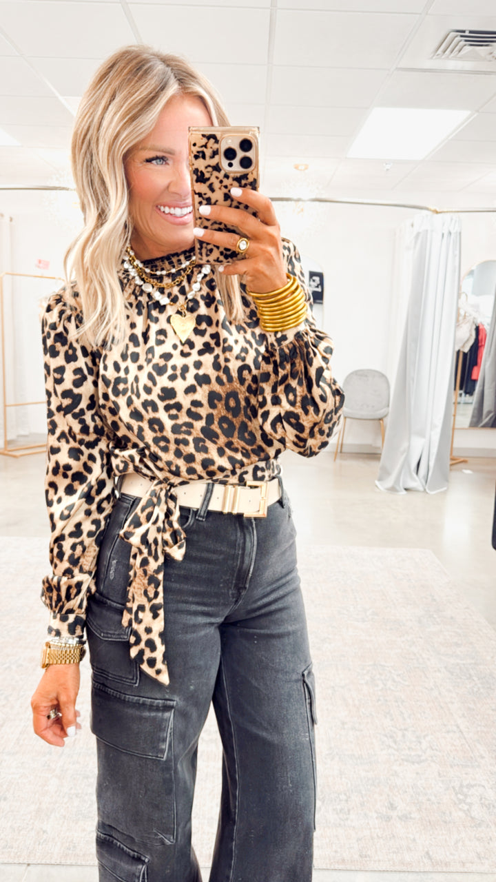 Leopard Print Smock Neck Blouse