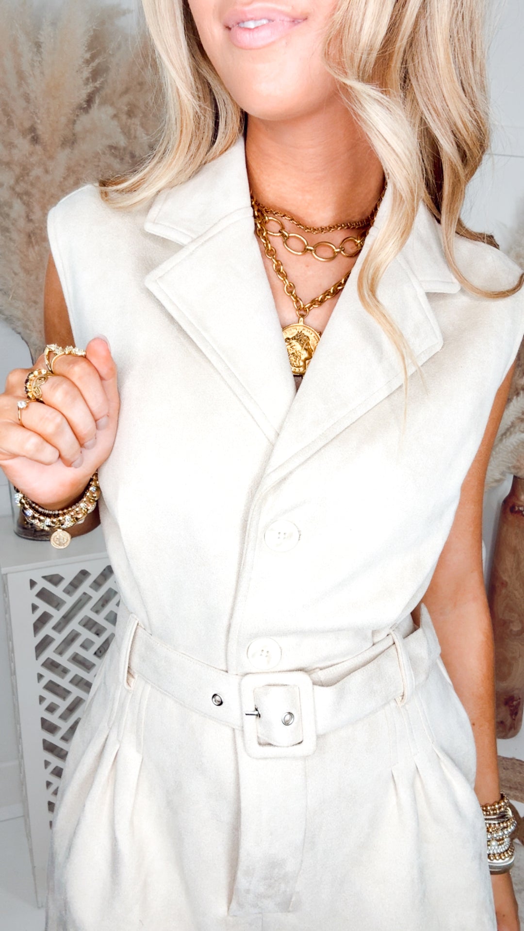 The Camelot Suede Romper-Ecru