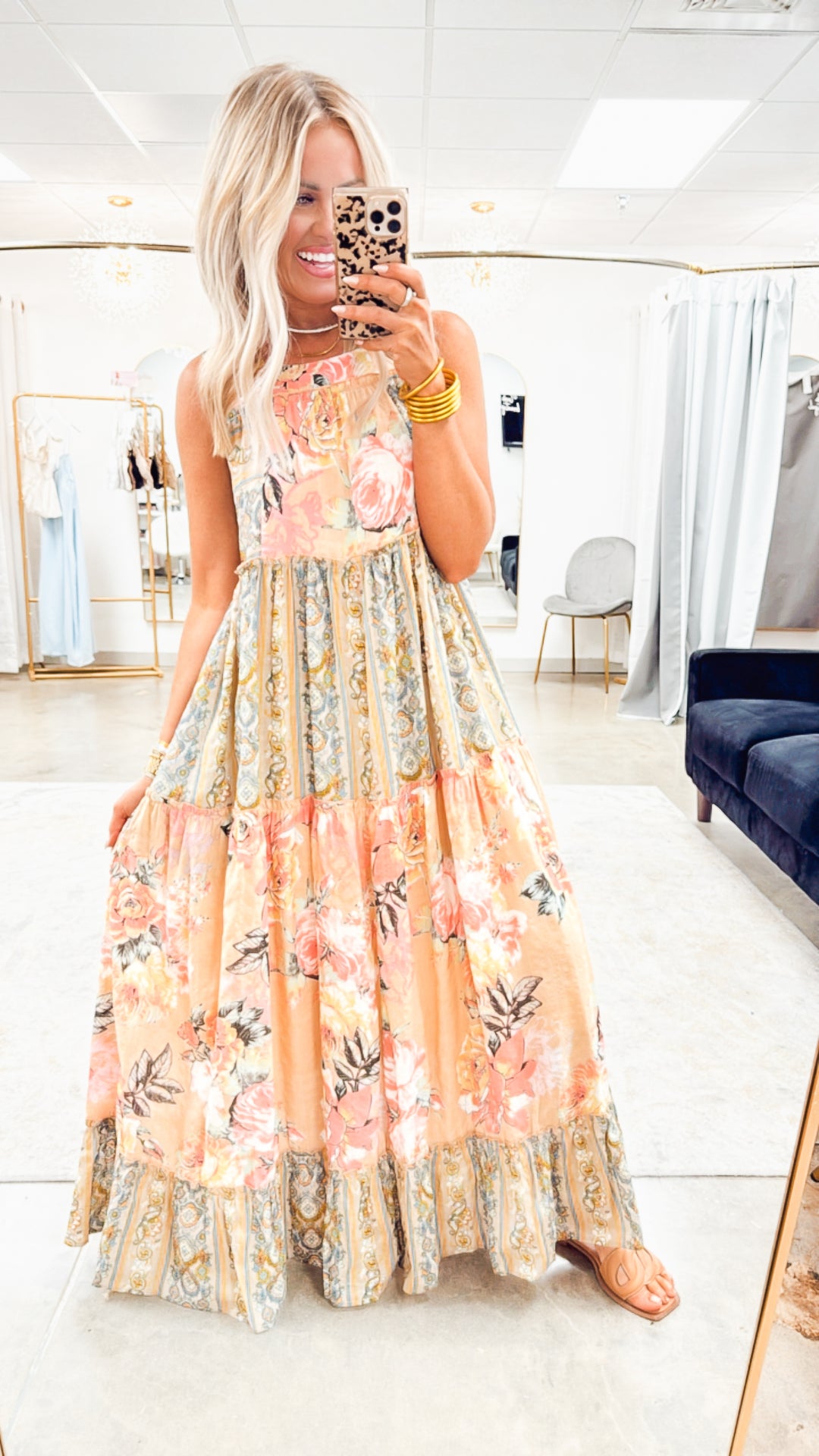 Floral Boho Midi Dress-Pink Beige