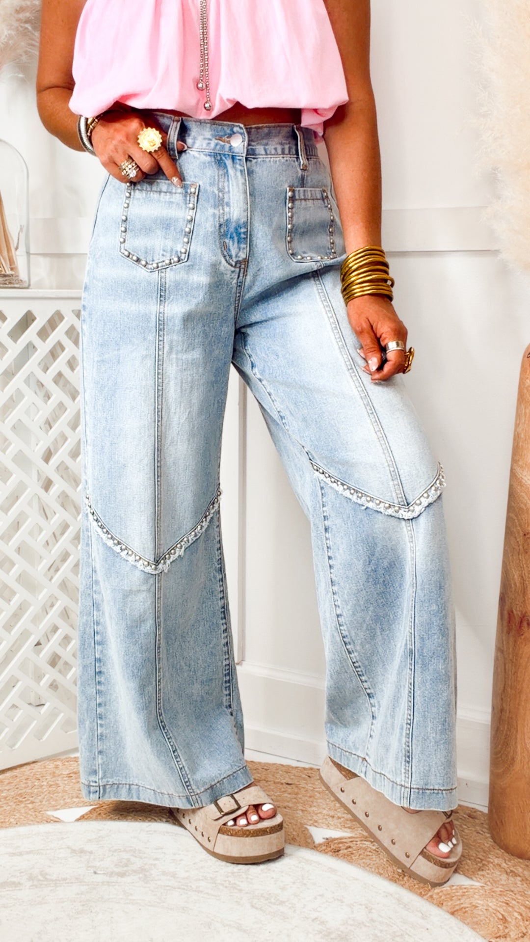 The Presley Stud Wide Leg Pants- Denim