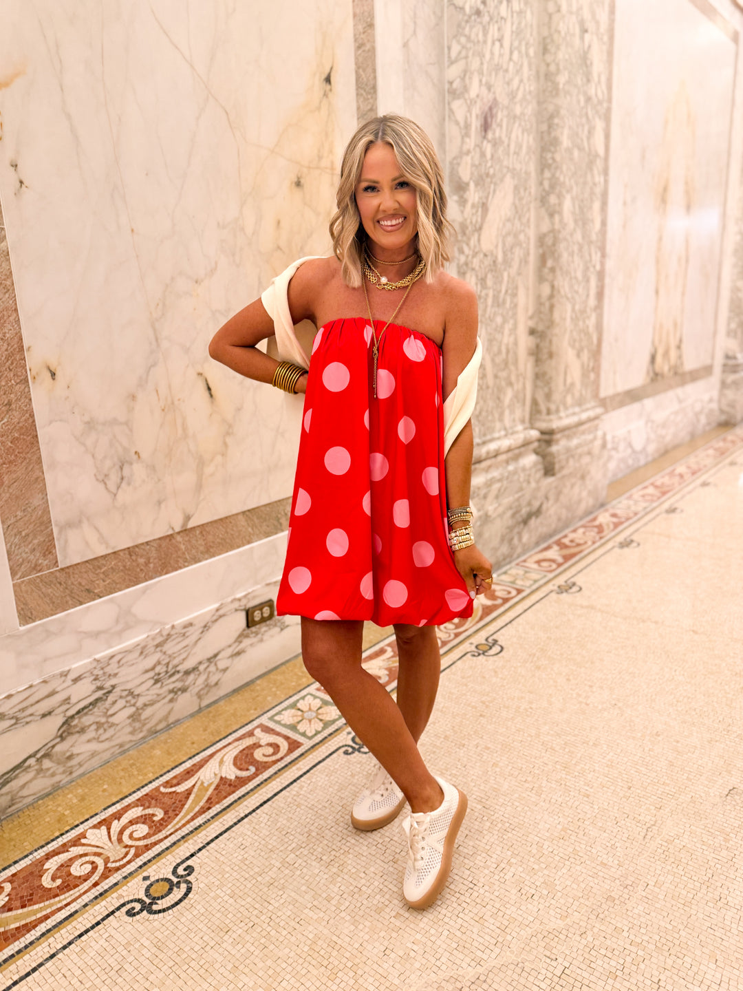 Darling Polka Dot Bubble Hem Dress-Red/Pink