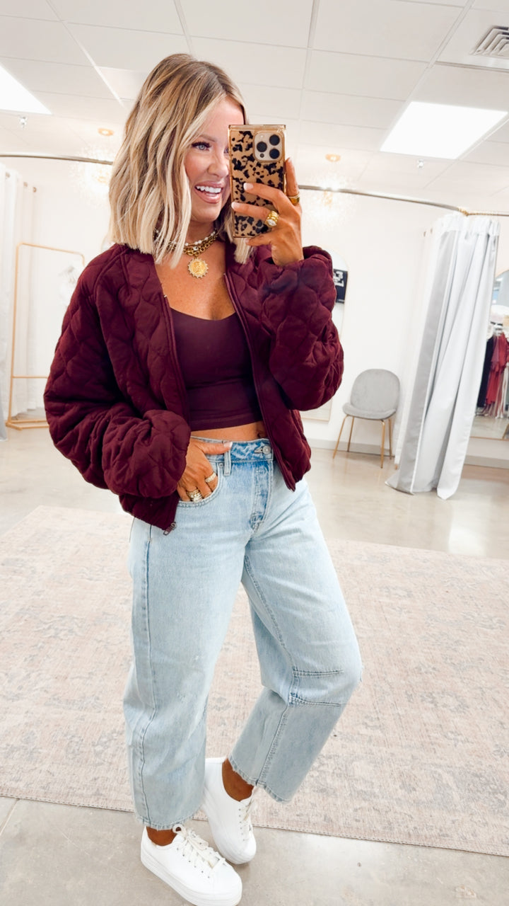 Naomi Quilted Bomber Jacket-Dark Cherry