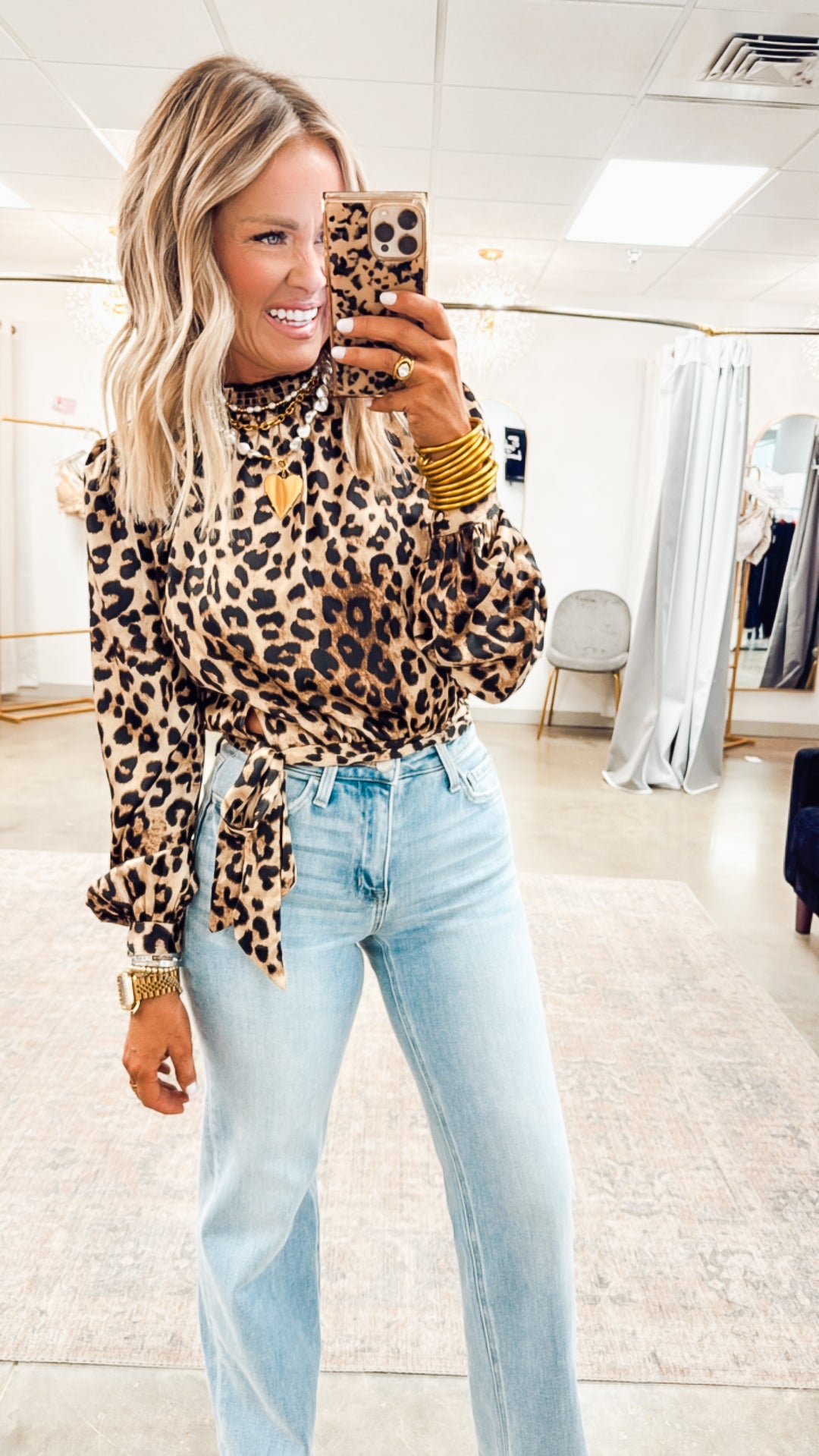 Leopard Print Smock Neck Blouse