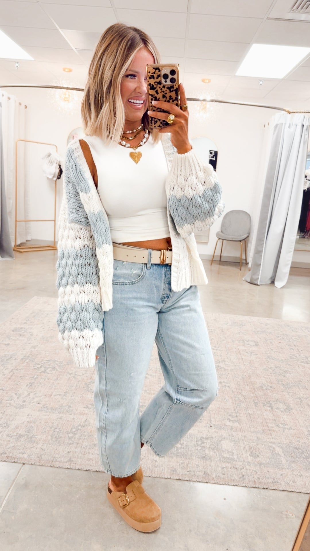 Textured Striped Sweater Cardigan- Off White/Blue