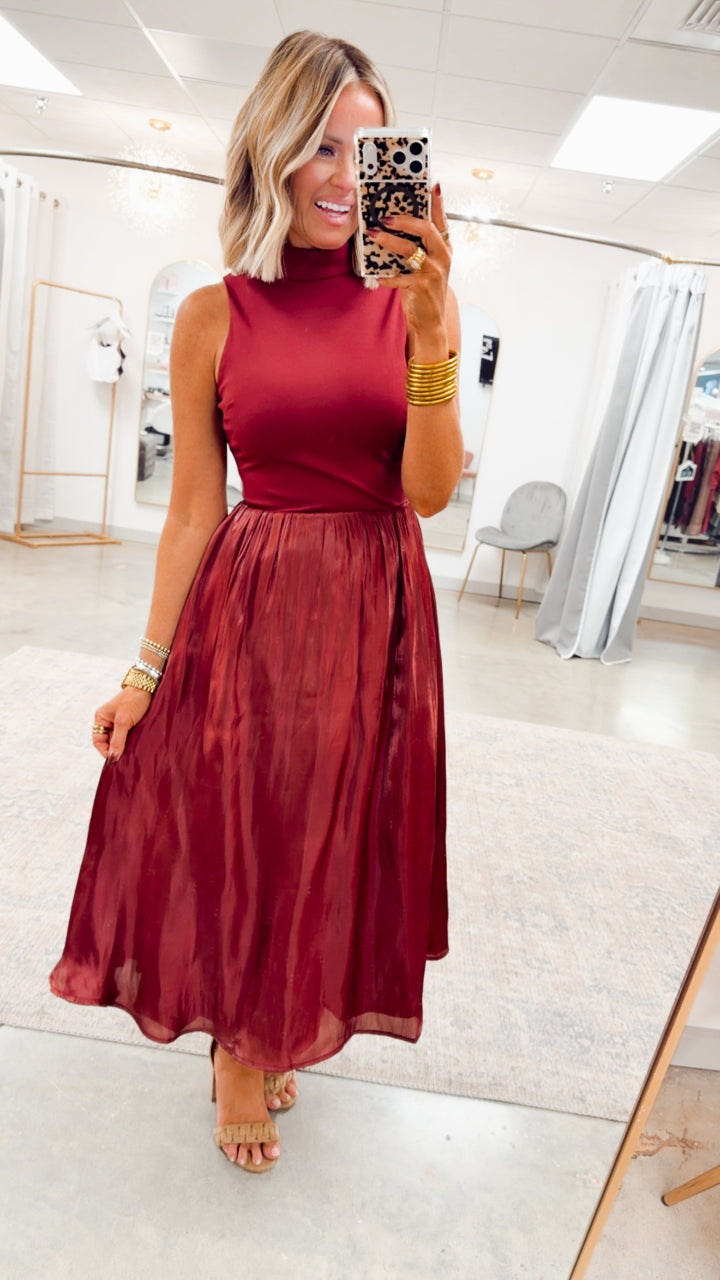 The Gilded Eve Midi Dress-Burgundy