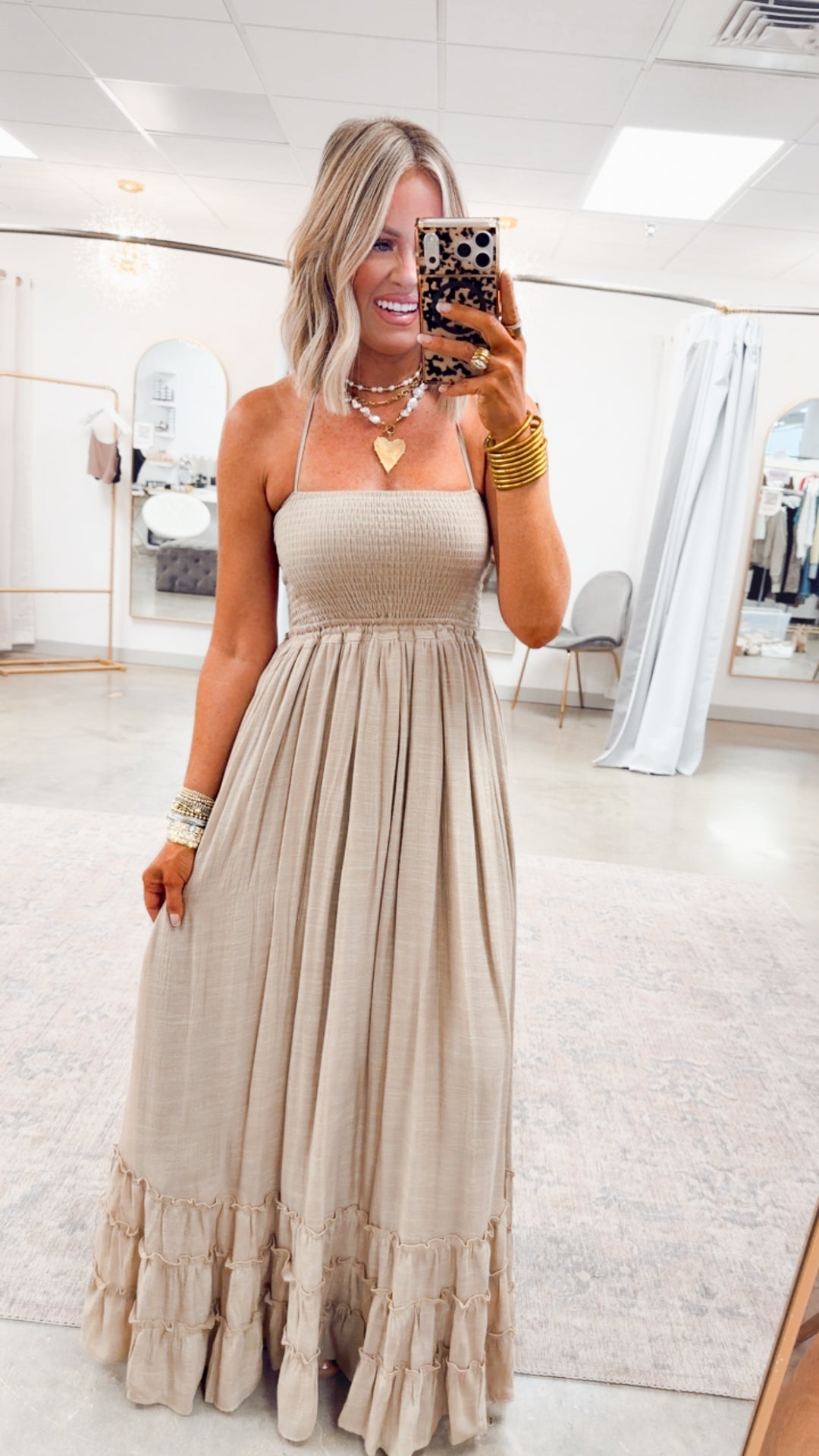 Viviana Smocked Halter Maxi Dress-Taupe