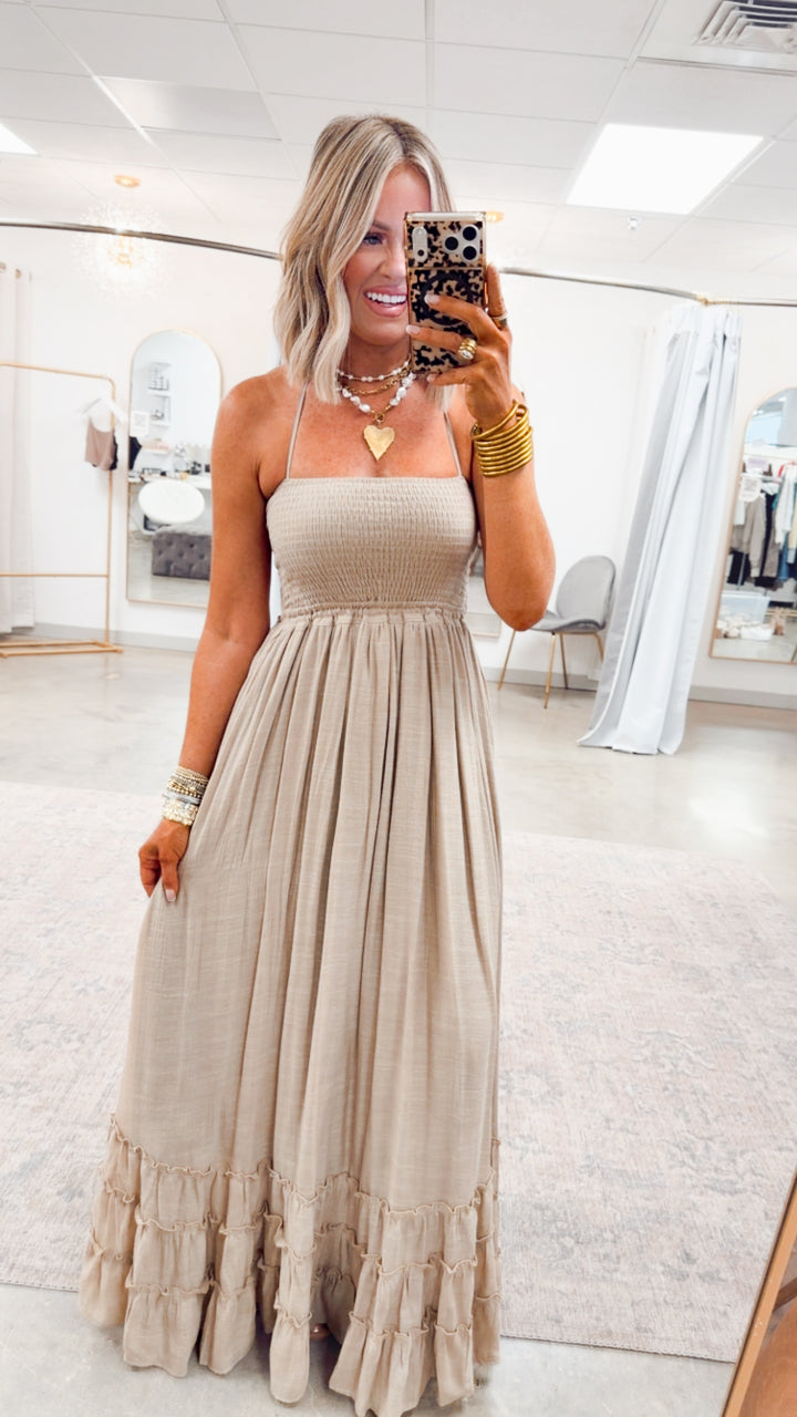 Viviana Smocked Halter Maxi Dress-Taupe