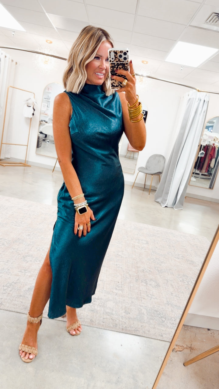 Emilia Cowl Neck Satin Midi Dress
