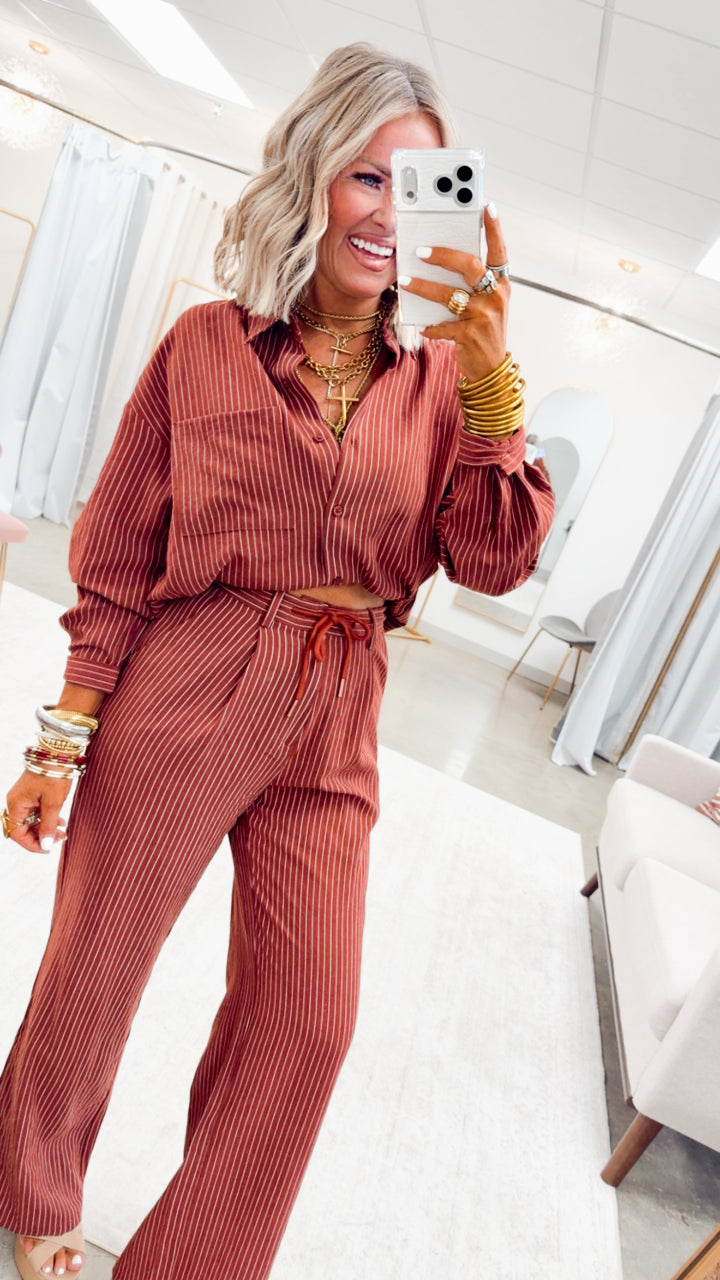 Lexi Pinstripe Top & Pants Set-Burgundy