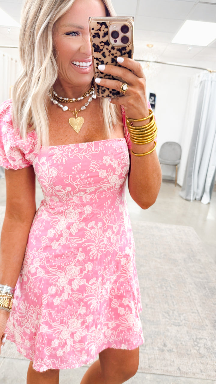 Isabella Puff Sleeve Mini Dress-Pink/Cream