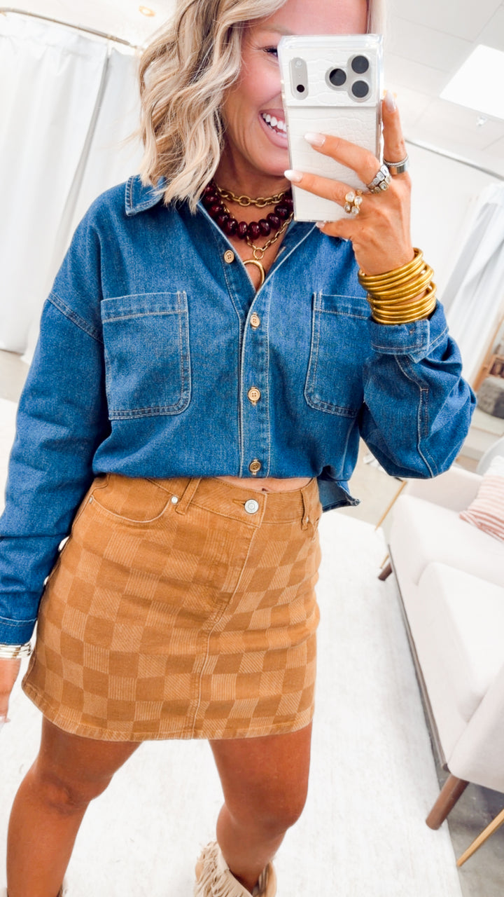 Spice It Up Checkered Denim Skirt-Tan