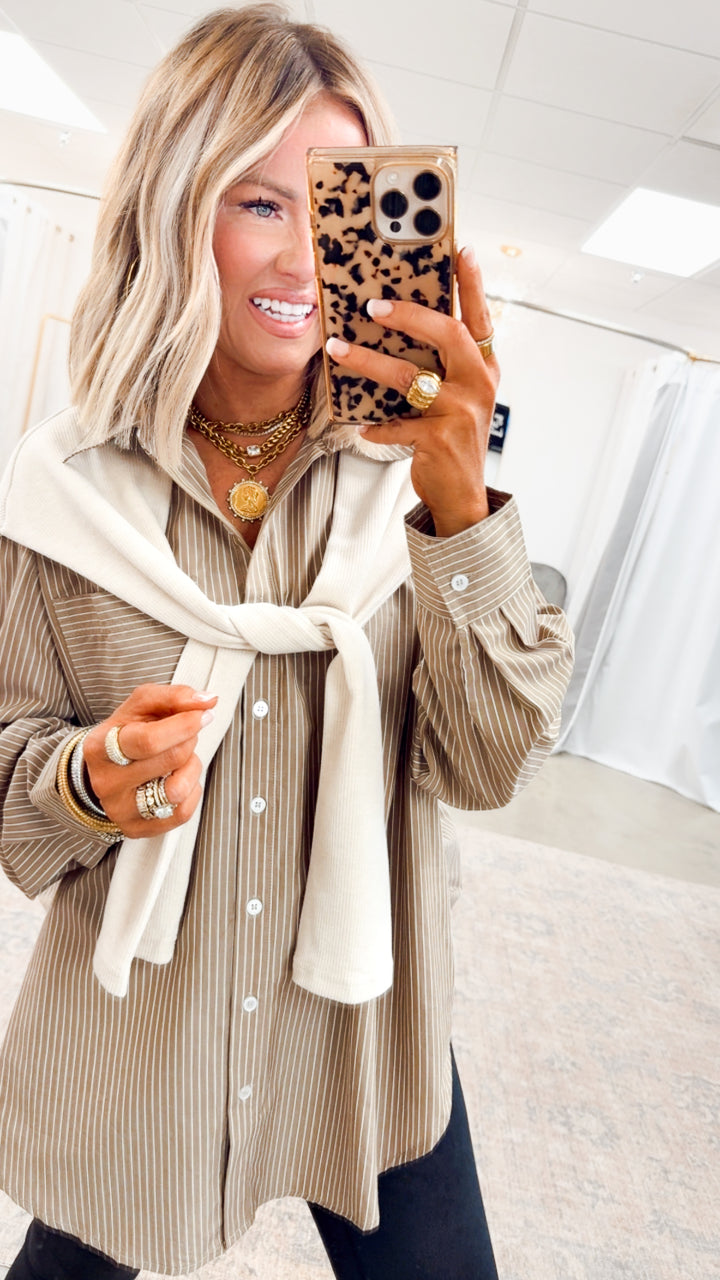 Evelyn Striped Top-Ash Olive