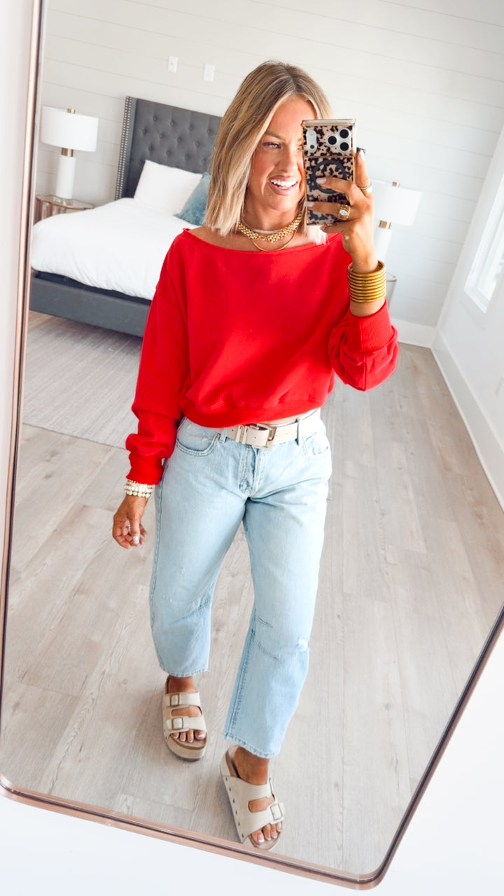 Alina Off Shoulder Sweatshirt-Red
