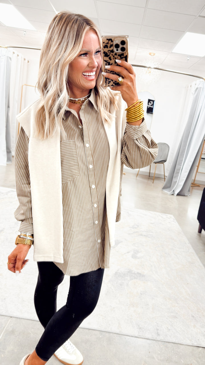 Evelyn Striped Top-Ash Olive