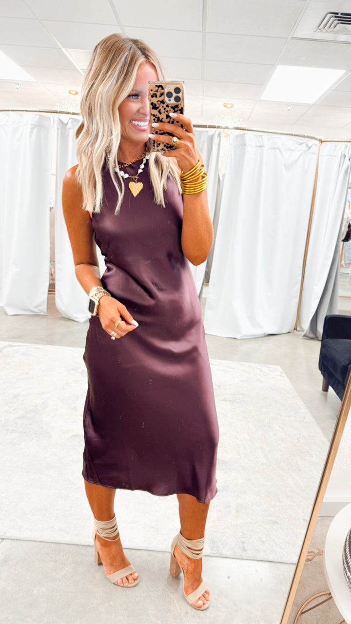 Satin Charm Midi Dress-Dark Cherry
