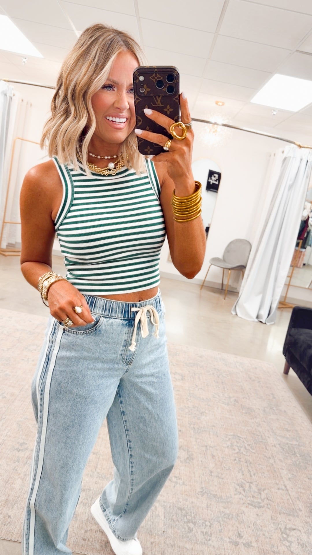Striped Ribbed Racerback Tank-Green