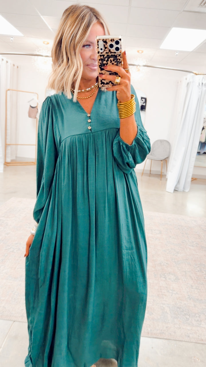 Bell Sleeve Midi Dress-Hunter Green