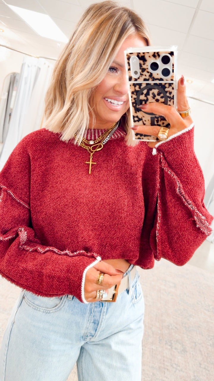 Waverly Exposed Seam Sweater-Cabernet