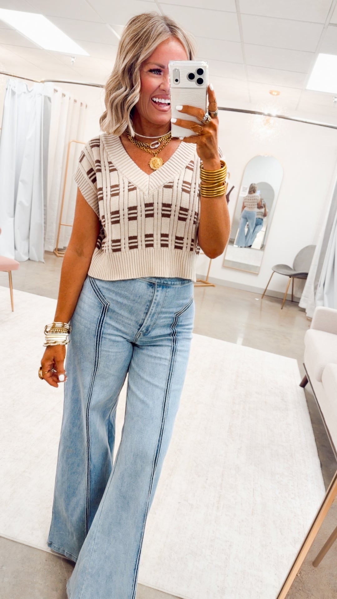 Oxford Cropped Knit Vest-Oatmeal/Cocoa