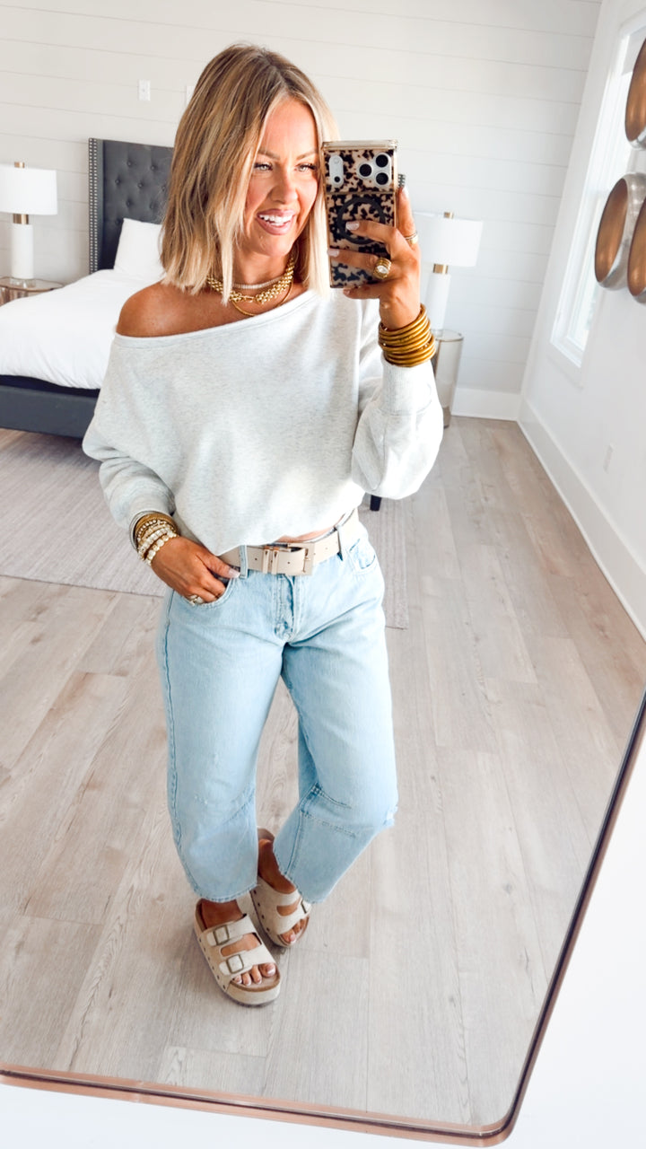 Alina Off Shoulder Sweatshirt-White Melange