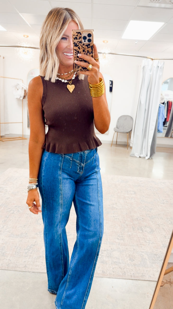 Sweater Peplum Tank Top-Espresso