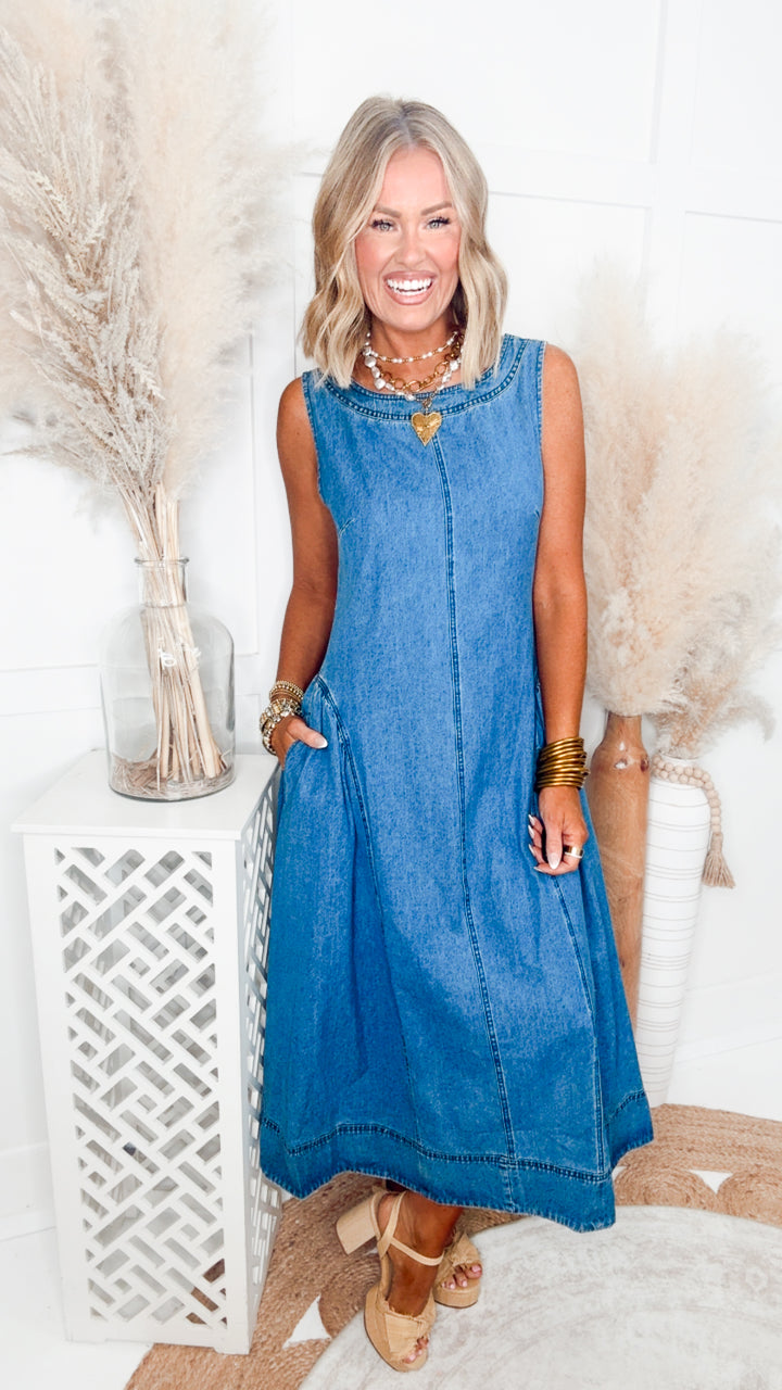 The Greer Denim Midi Dress