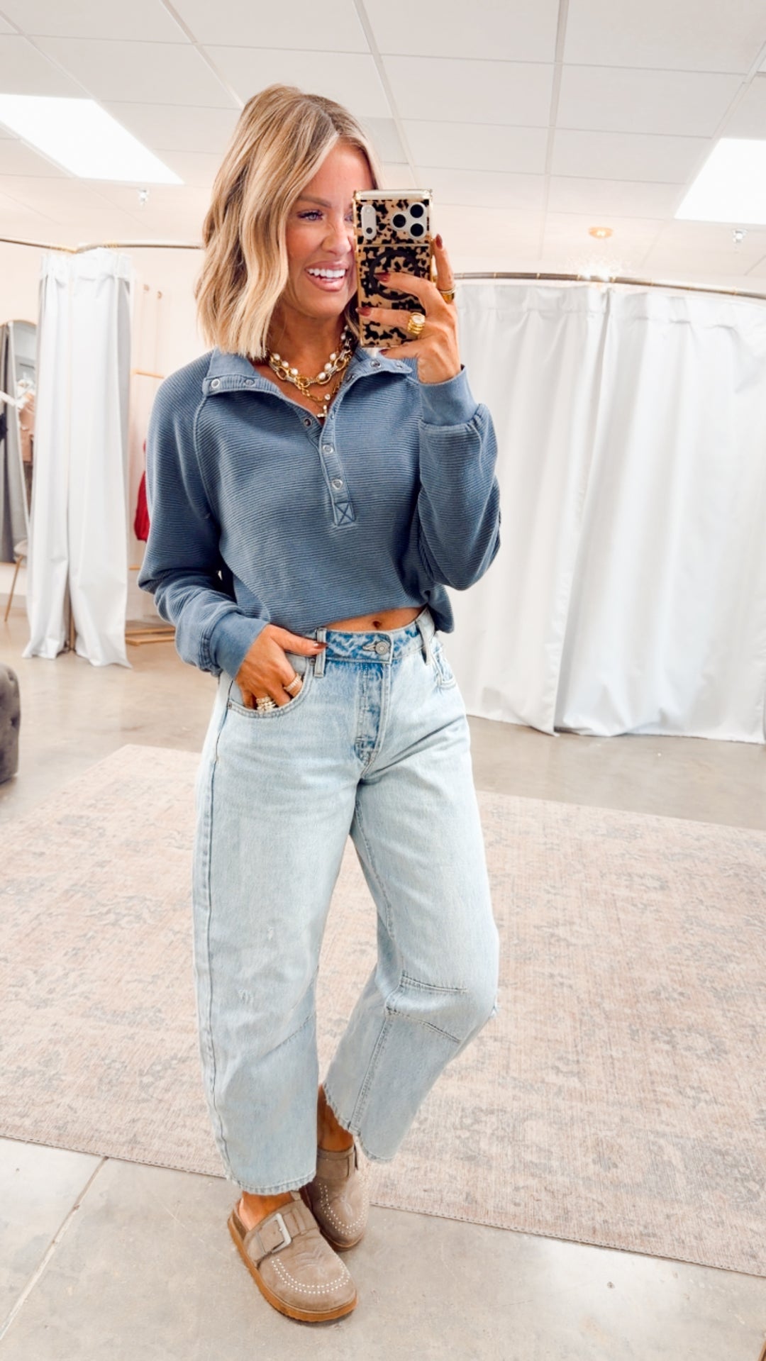 Avery Half Snap Top-Denim
