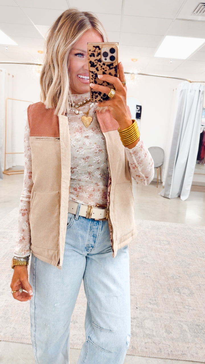 Floral Mesh Turtle Neck Top-Indian Pink