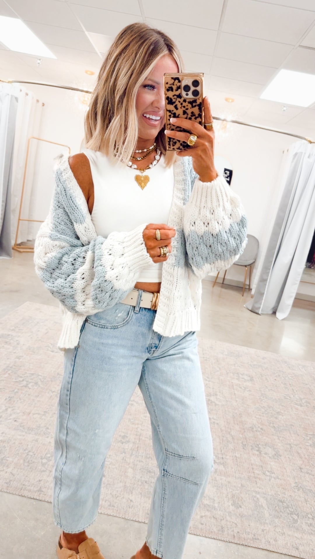 Textured Striped Sweater Cardigan- Off White/Blue