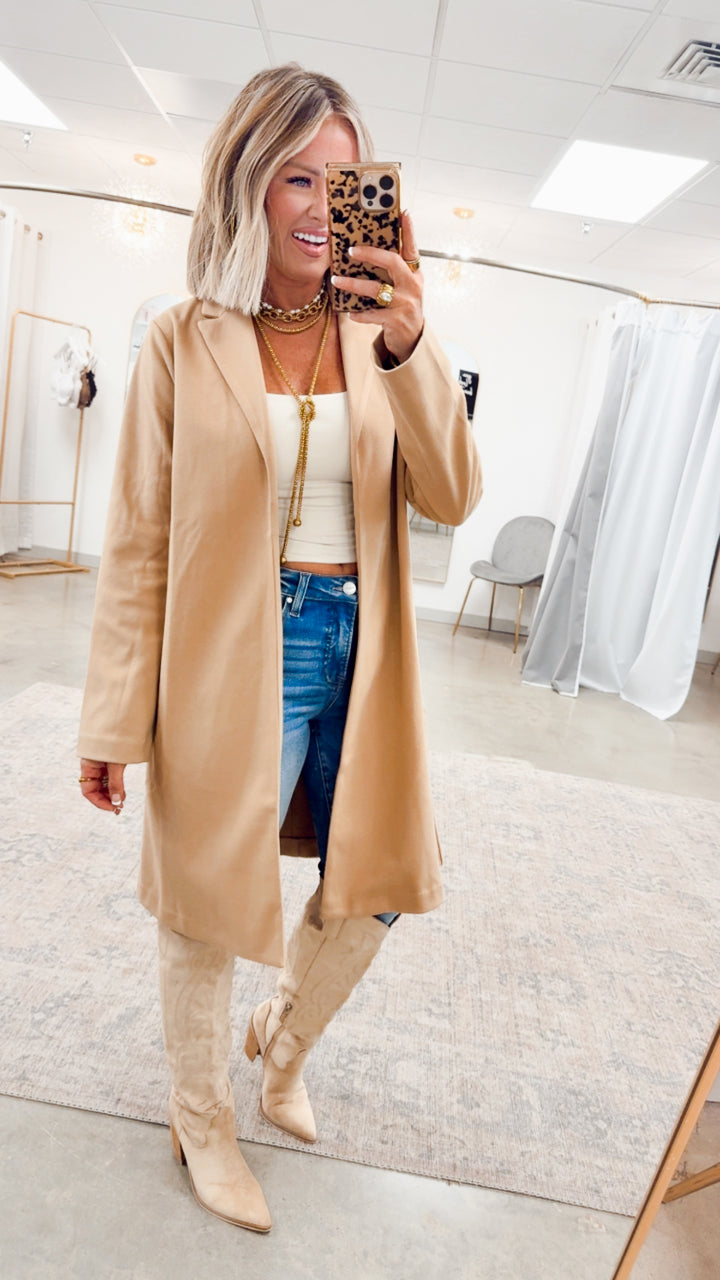 Camel Chic Open Front Coat