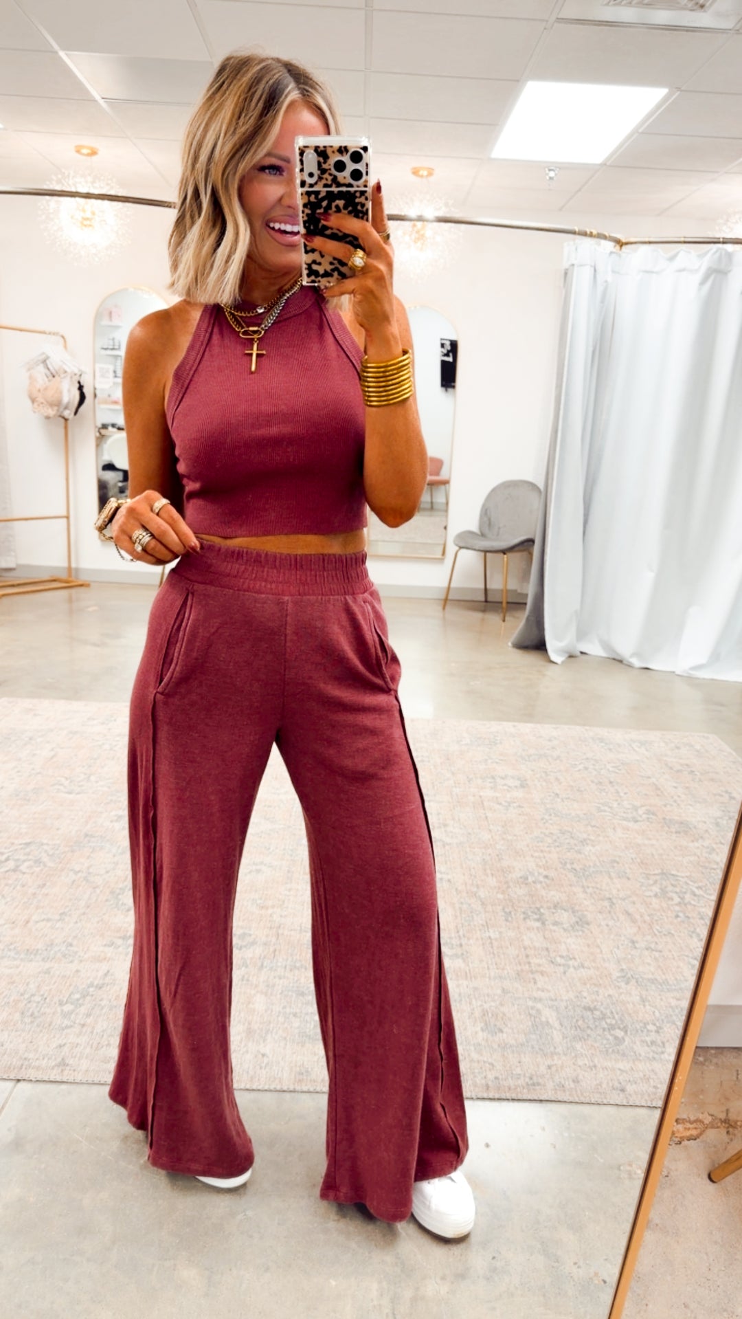 Harlow Halter Neck Crop Top & Pants Set-Wine