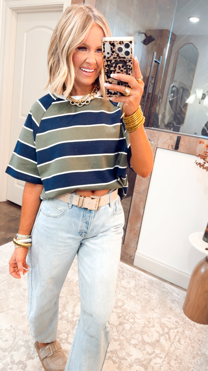 Stripe Edit Top-Olive/Navy