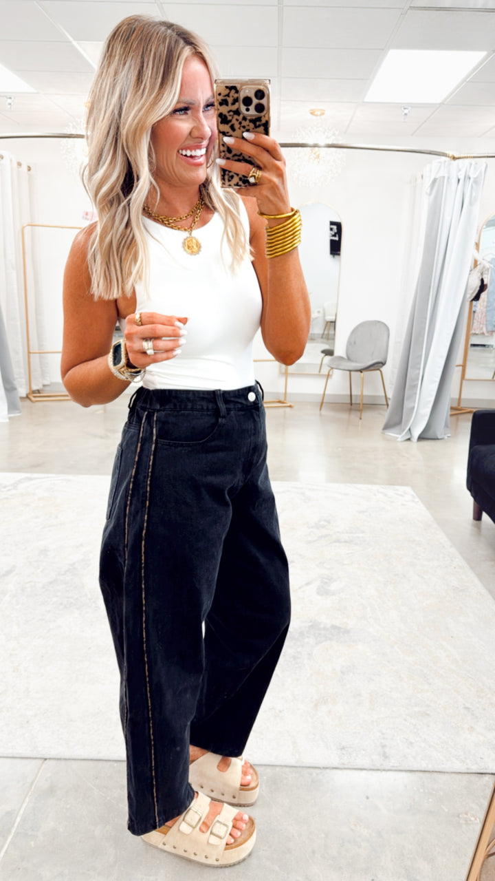 Leopard Print Piping Barrel Jeans