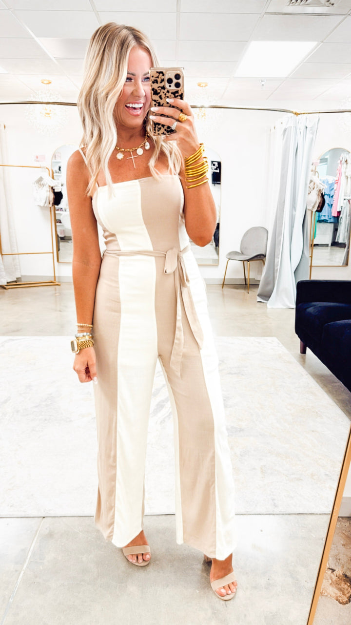 Wide Stripe Belted Jumpsuit- Taupe