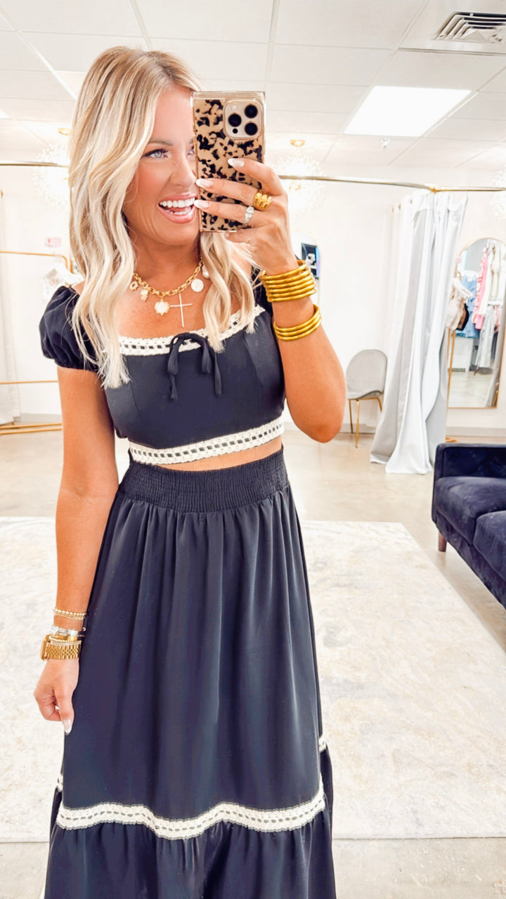 Contrast Lace Trim Crop & Midi Skirt Set