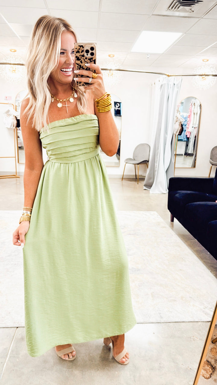 Pleated Bodice Strapless Midi Sundress- Green