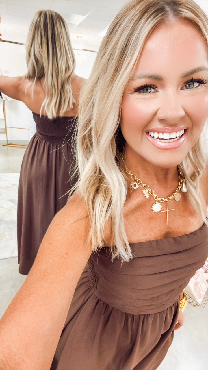 Pleated Bodice Strapless Midi Sundress- Brown