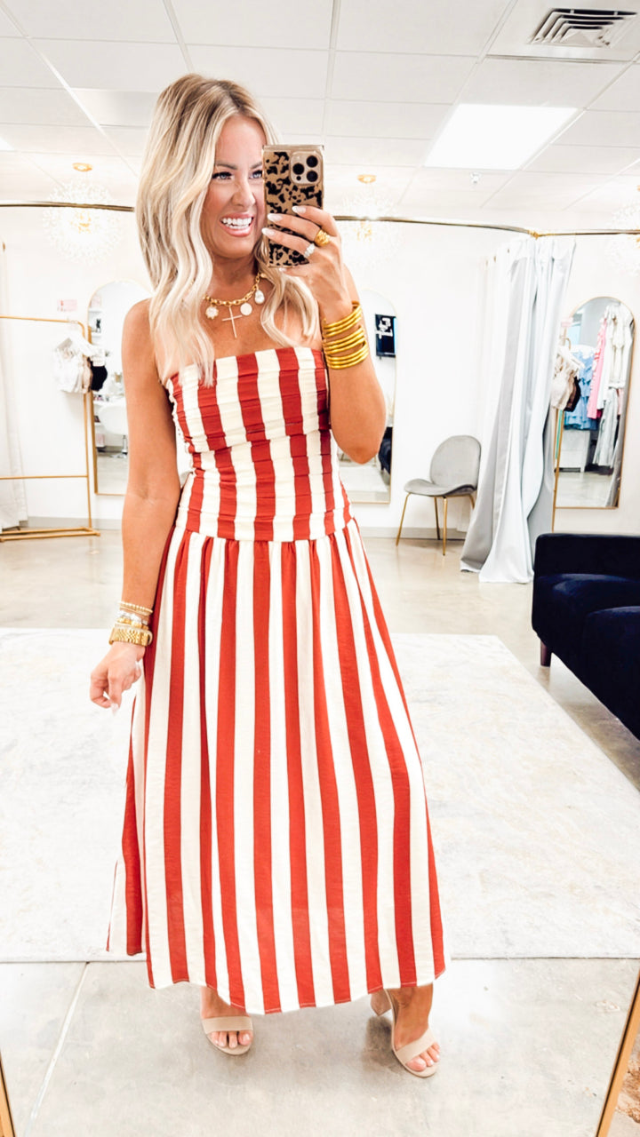 Vertical Stripe Strapless Midi Dress-Red