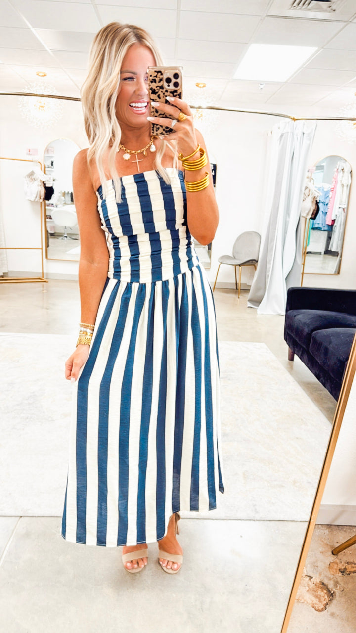 Vertical Stripe Strapless Midi Dress- Navy