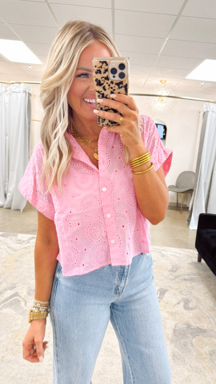 Everly Eyelet Top-Pink