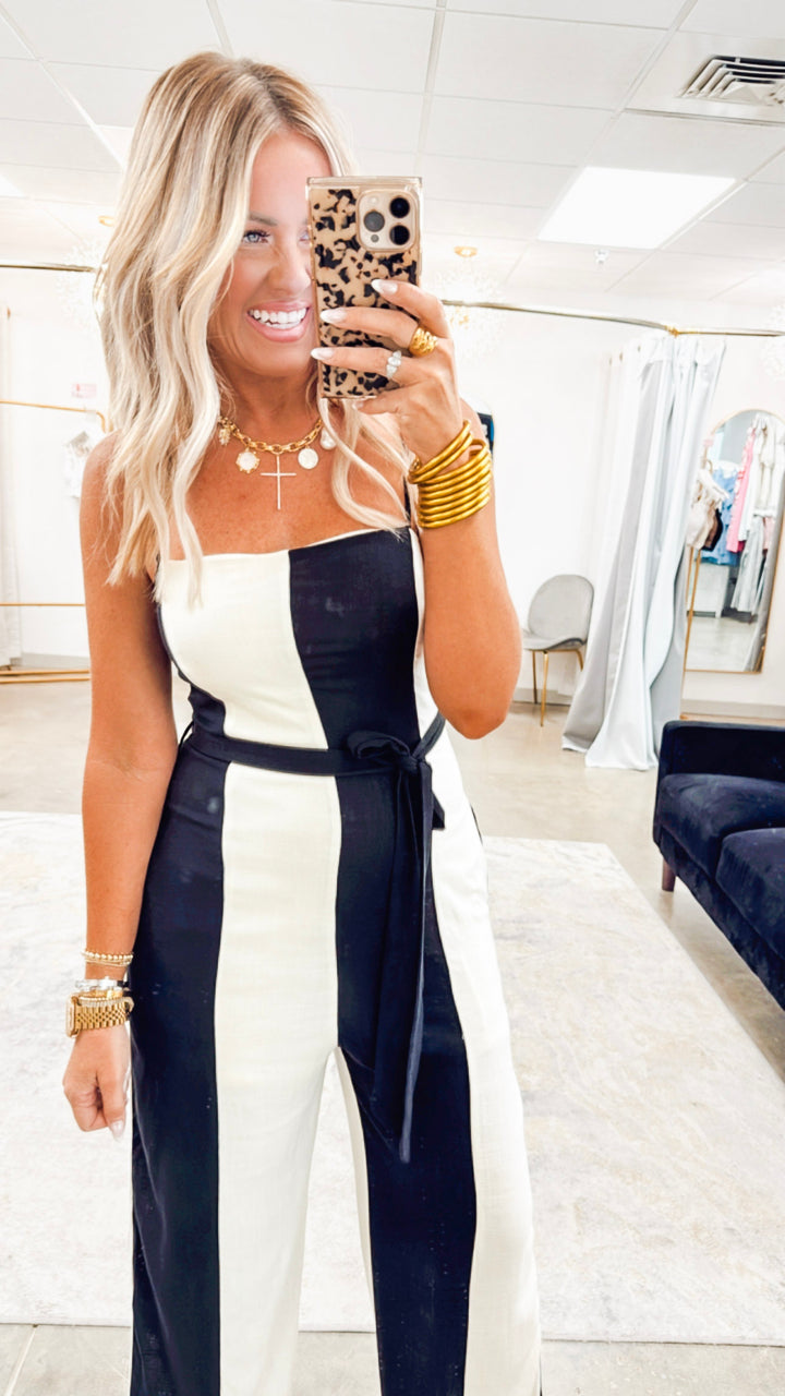 Wide Stripe Belted Jumpsuit- Black