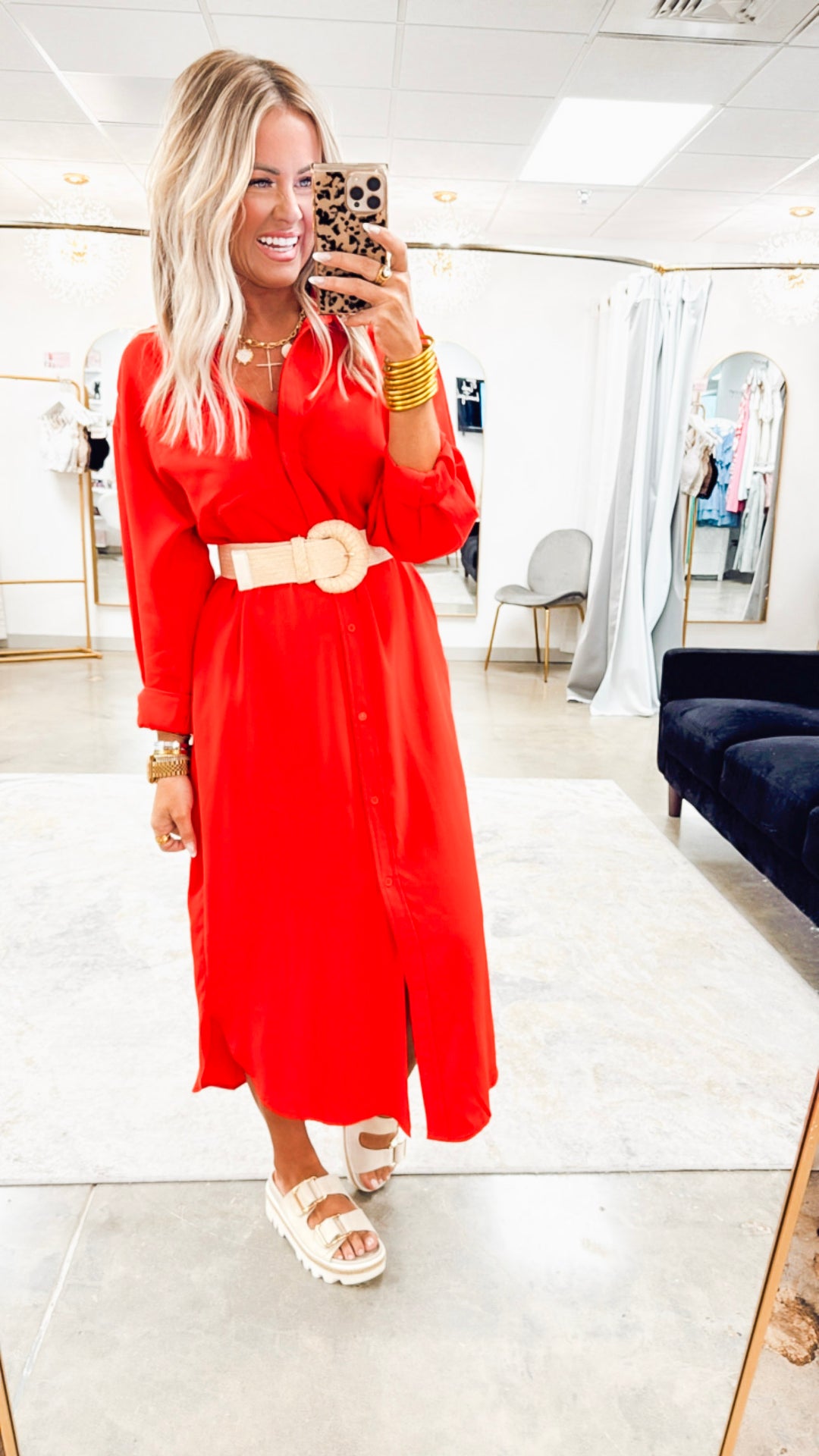 The Elle Oversized Midi Shirt Dress- Red